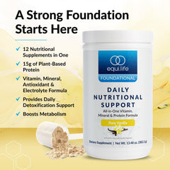 Equilife Daily Nutritional Support vanilla shake glass demonstrates on-the-go meal replacement