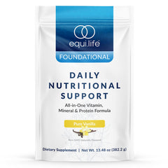 Equilife Daily Nutritional Support vanilla shake in a glass for quick energy and daily nutrition.