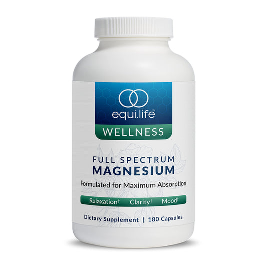 EquiLife full spectrum magnesium capsules bottle front, convenient daily wellness option.