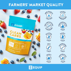 Equip Clean Carbs close-up of fruit mix in powder.