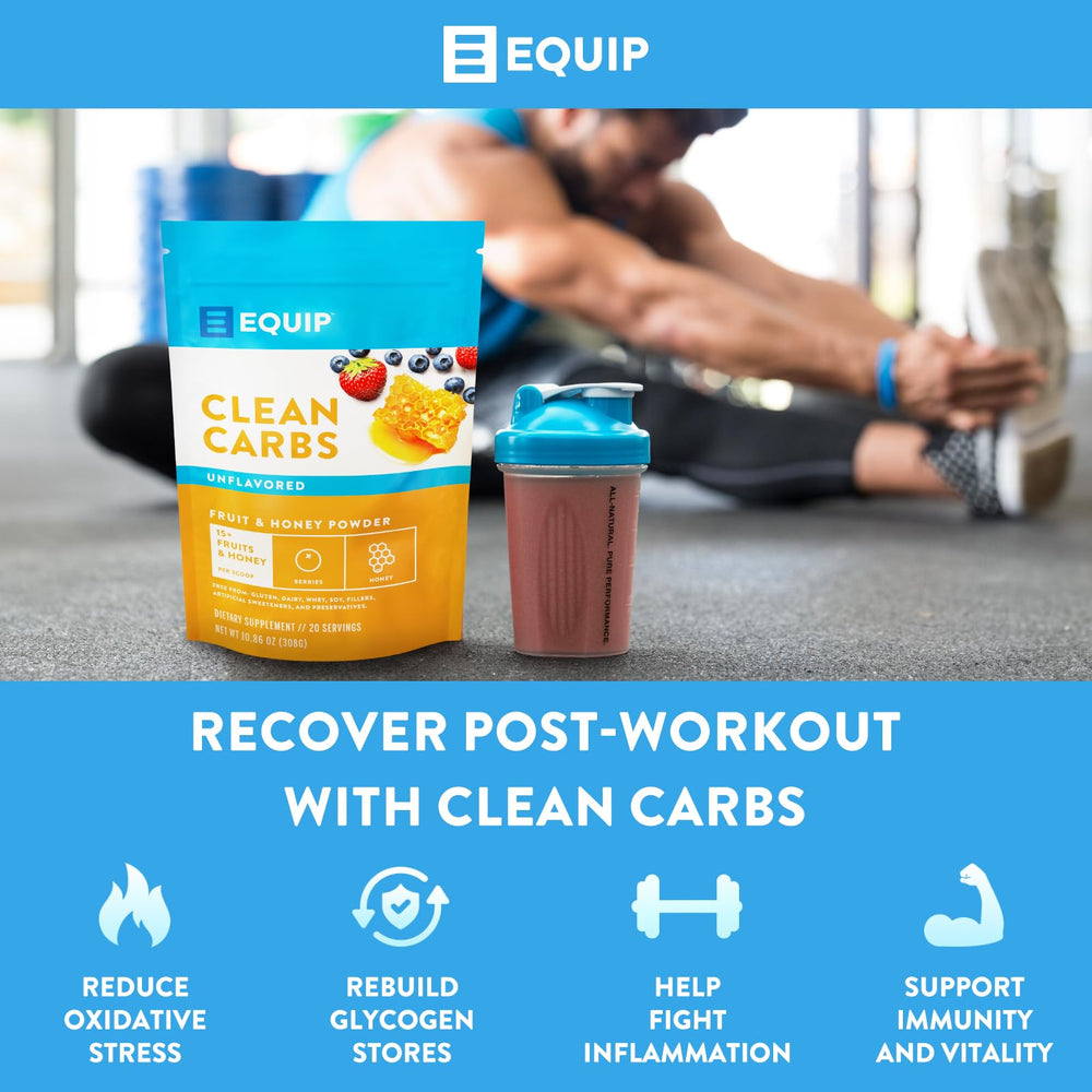 Equip Clean Carbs packaging front with 20 servings and unflavored label.