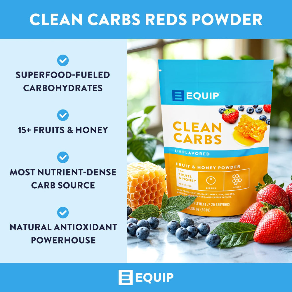 Equip Clean Carbs scoop beside vibrant fruits, highlighting antioxidants and immune-support potential.