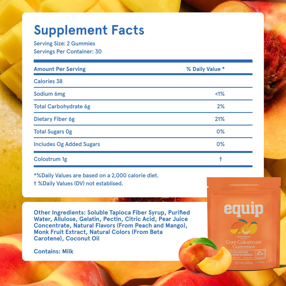 Equip Foods Core Bovine Colostrum Gummies bottle pouring into a hand for easy daily use.