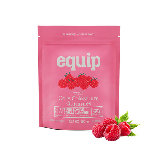 Equip Foods Core Bovine Colostrum Gummies jar front shows 1g per serving for daily support