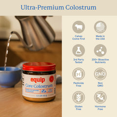 Third-party testing badge on Core Colostrum Powder signals quality.