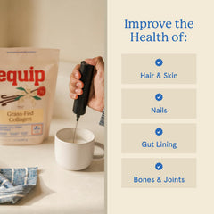 Equip Grass-Fed Collagen Unflavored scoop ready for smoothie boost.