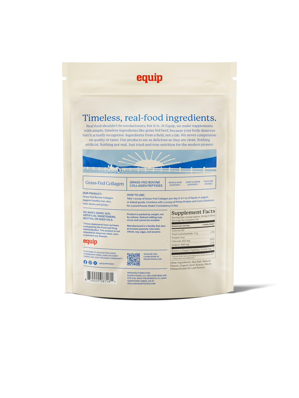 Equip Grass-Fed Collagen Vanilla jar with serving scoop beside ingredients.