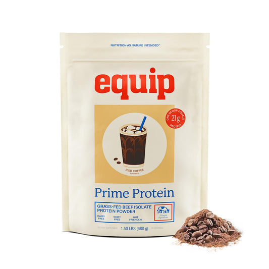 Equip Prime Protein iced coffee tub shows clean label and 21g protein per serving