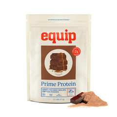 Equip Prime Protein Powder chocolate can showing grass-fed beef protein