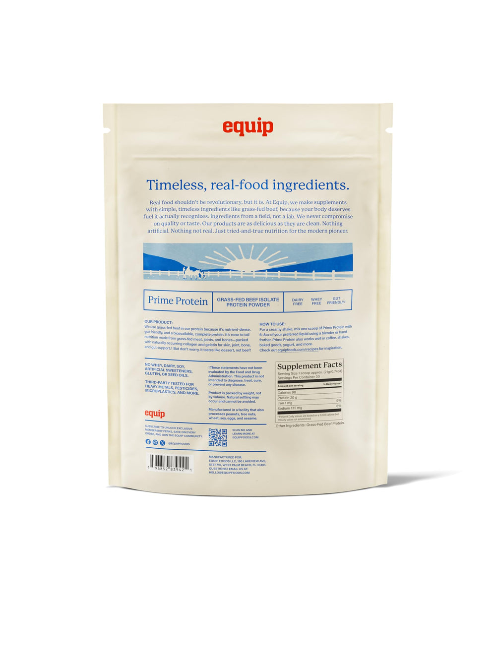 Equip Prime Protein Powder kitchen counter scene communicates easy, gluten-free, dairy-free nutrition.