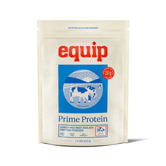 Equip Prime Protein Powder tub front displays clean beef protein option for keto and paleo diets.