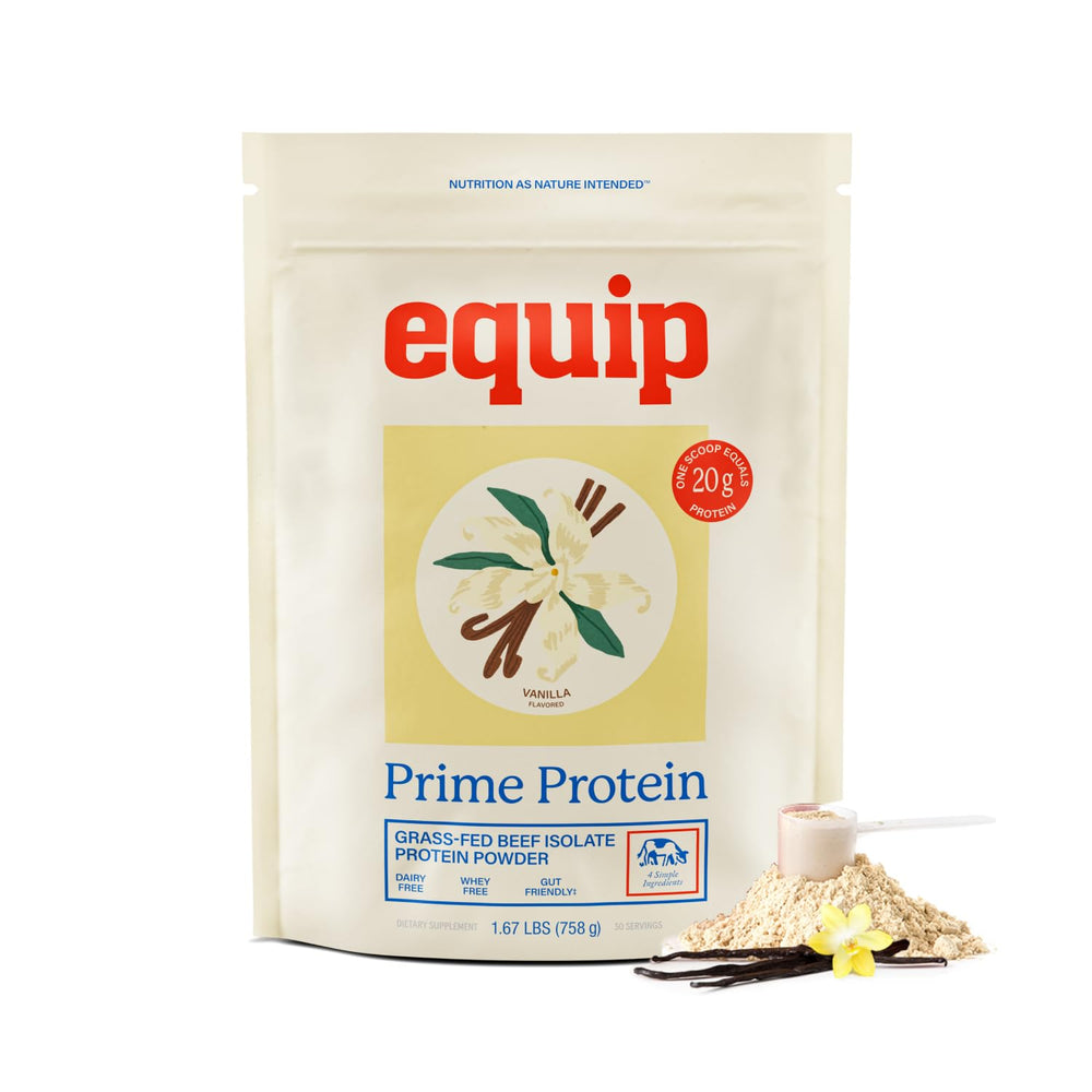 Equip Prime Protein Powder vanilla tub shows clean, keto-friendly beef protein.