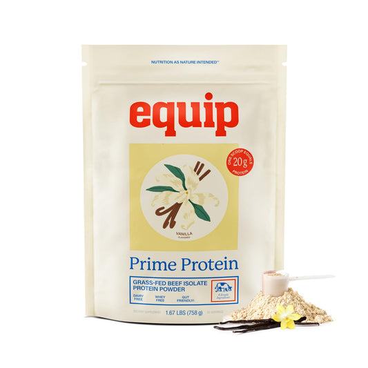Equip Prime Protein Powder vanilla tub shows clean, keto-friendly beef protein.