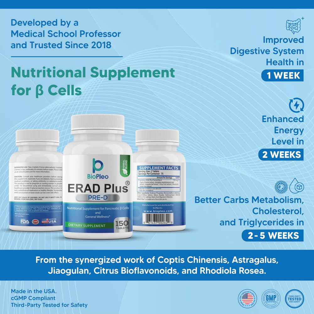 ERAD Plus Pre-D tablets close-up highlight plant-based ingredients for metabolism support.