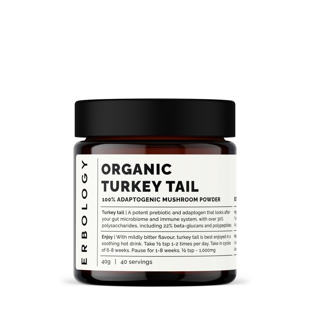 Erbology Turkey Tail powder jar with sustainable amber glass packaging