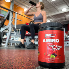 ES FIT Amino Powder label shows Informed Sport certification on the packaging.