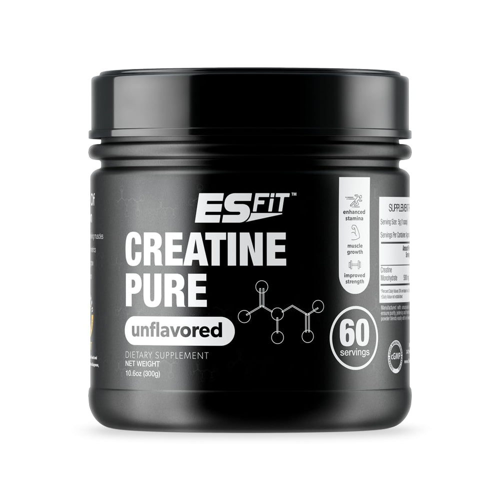 ES FiT Creatine bottle front view showing pure micronized formula and 60 servings