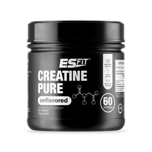 ES FiT Creatine bottle front view showing pure micronized formula and 60 servings