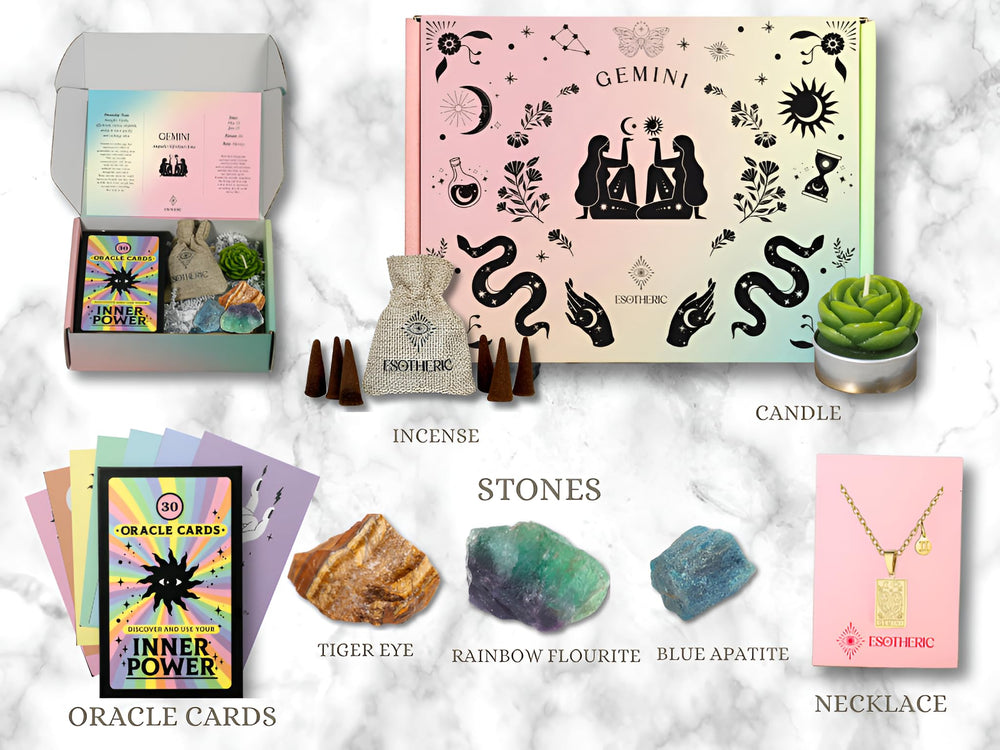 Esotheric Gemini zodiac gift box necklace displayed for style and meaning