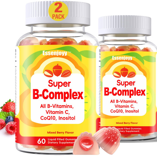 ESSENJOYY methylated B complex gummies bottle with CoQ10 for daily energy support.