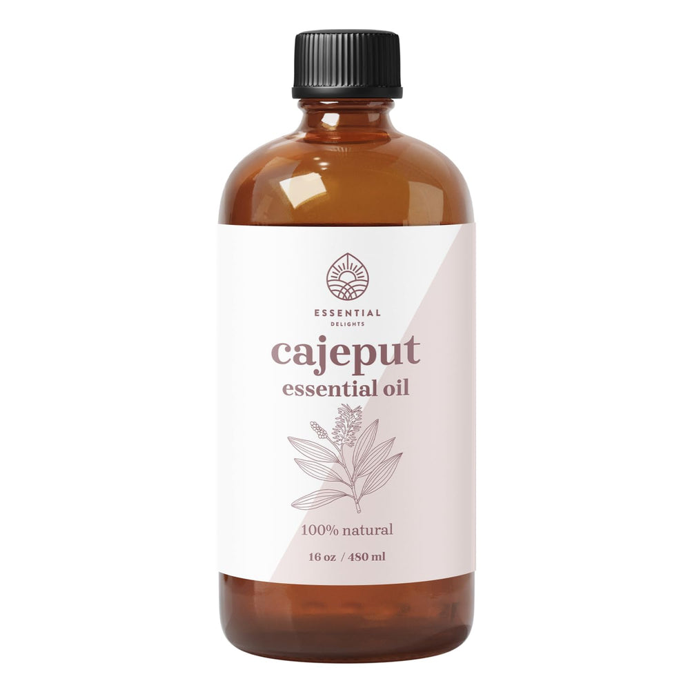 Essential Delights Cajeput essential oil bottle showing pure steam-distilled formula for aromatherapy.