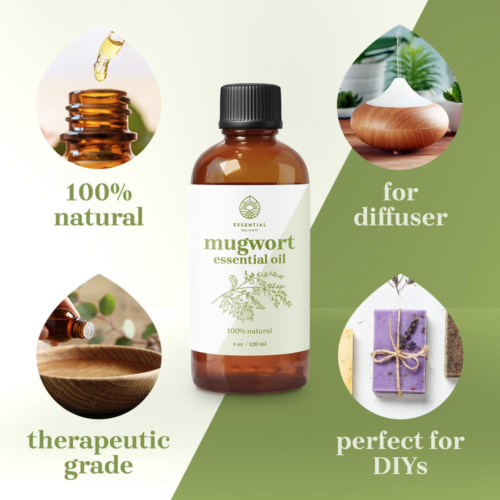 Essential Delights Mugwort Oil label closeup highlighting purity and premium grade.