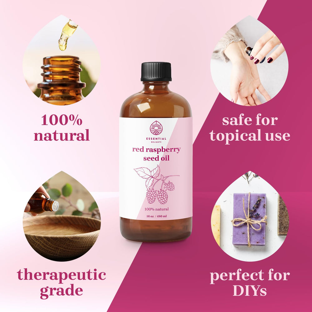 Essential Delights Red Raspberry Seed Oil enhances hair shine during daily routines.