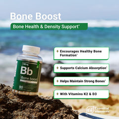 Close-up of Essential Elements Bone Boost capsules showing easy-to-take tablets.