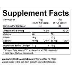 Grass-fed sourcing badge on Essential Elements collagen powder packaging.