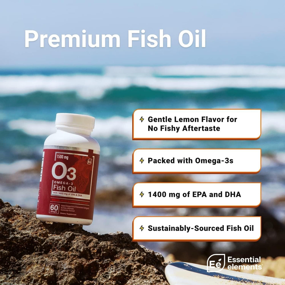 Essential Elements Omega-3 label highlights EPA and DHA for heart and cognitive support.