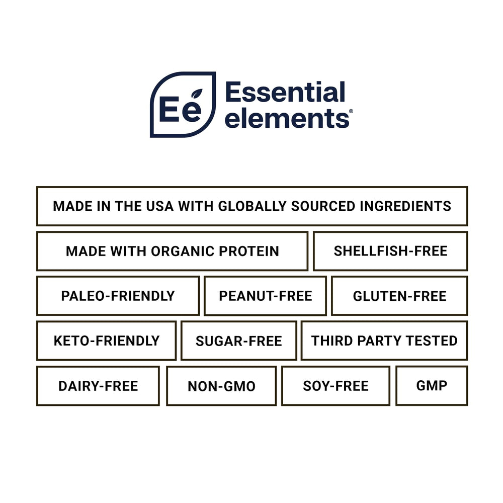 USA-made assurance badge on Essential Elements pea protein powder package.