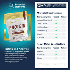 Measuring spoon beside Essential Elements pea protein powder, convenient for precise servings.