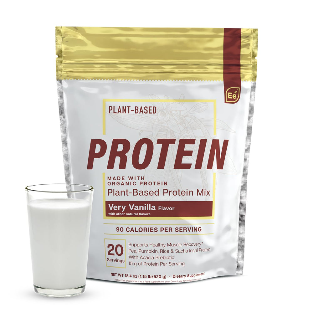 Essential Elements Pea Protein Powder tub in vanilla, ready for a protein-packed shake.