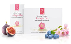 Label close-up of Dr. Ohhira's Premium Collagen Plus highlighting cherry blossom and probiotic blend for gut support