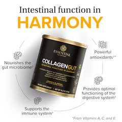 Essential Nutrition Collagen Gut ingredients panel highlights prebiotic fiber and turmeric.