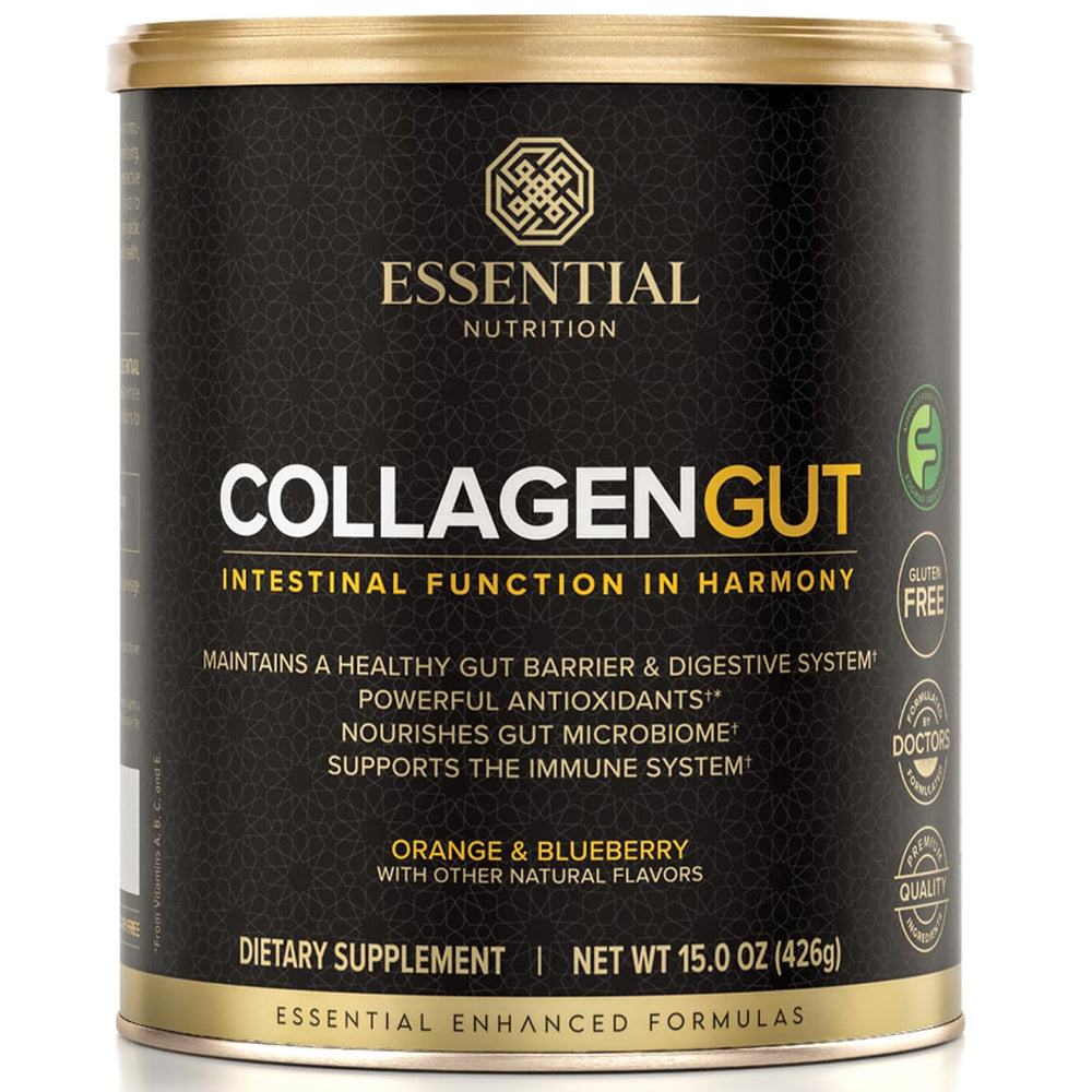 Essential Nutrition Collagen Gut tub front shows gut health support, sugar-free.