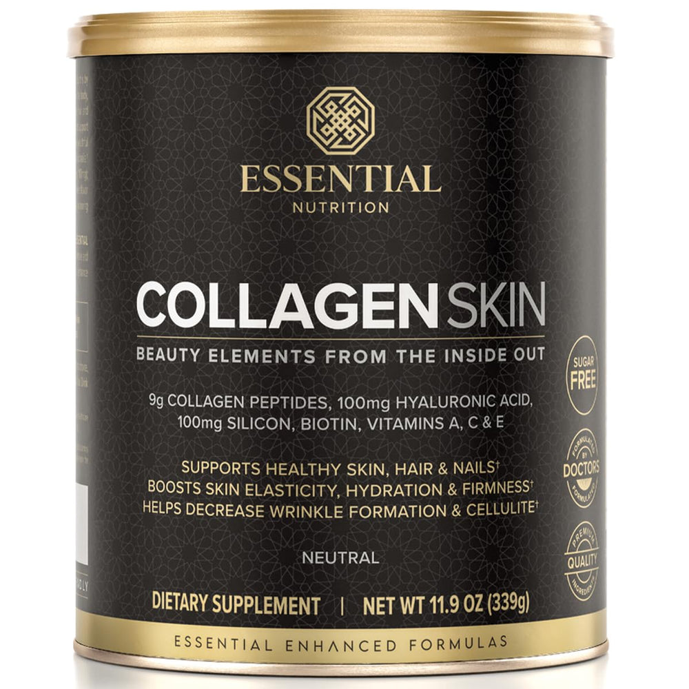 Essential Nutrition Collagen Skin bottle promotes hydration and skin support with sugar-free formula.