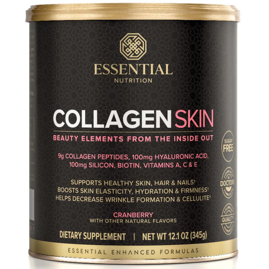 Essential Nutrition Collagen Skin Cranberry bottle shown as part of a daily beauty routine