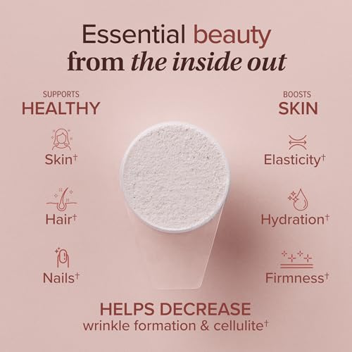 Scoop of Essential Nutrition Collagen Skin Cranberry beside the bottle for smoothie prep