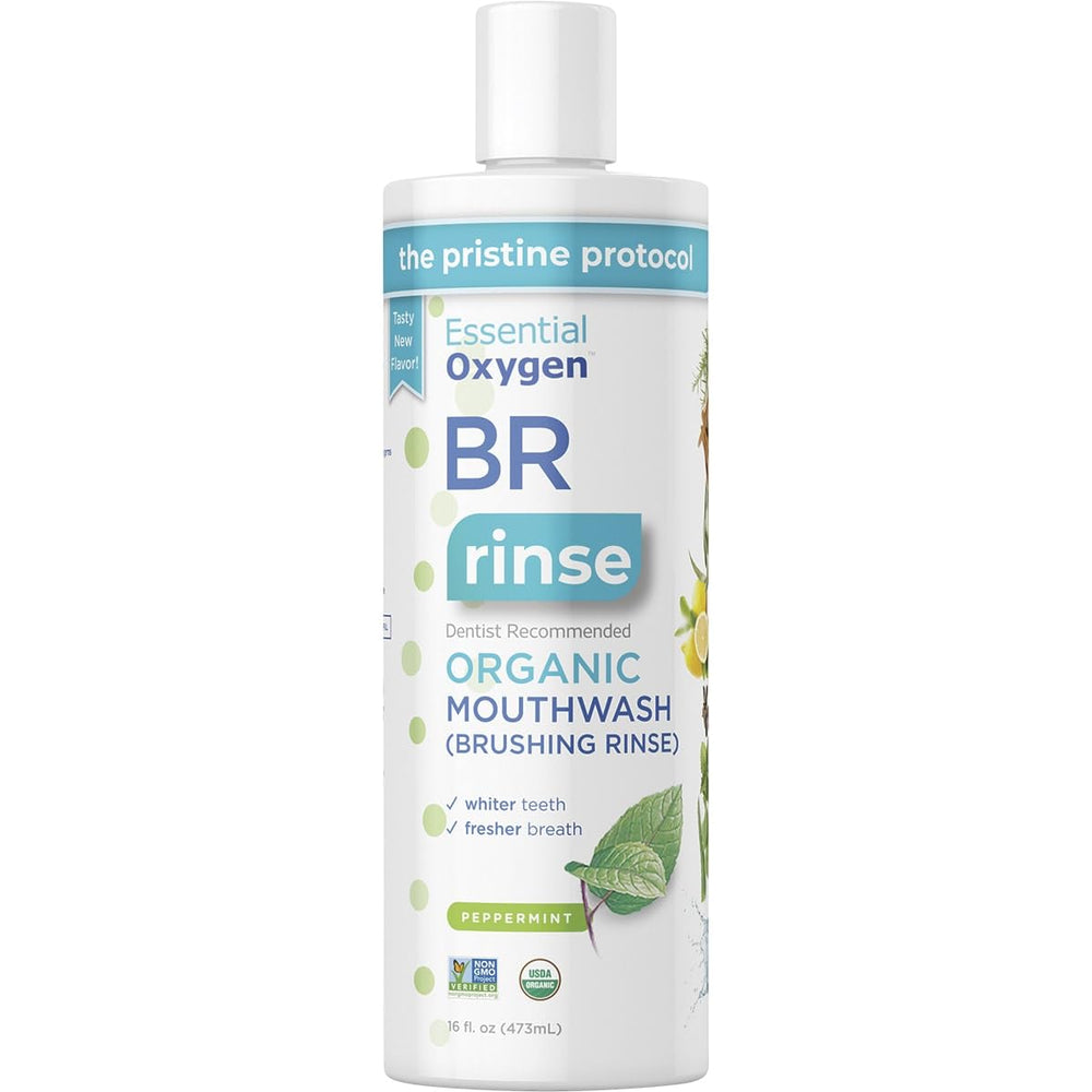 Essential Oxygen Brushing Rinse bottle pour shows peppermint freshness