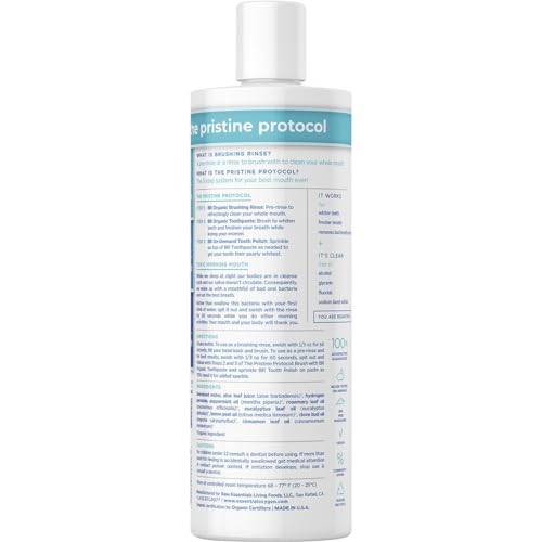 Essential Oxygen Brushing Rinse label packaging highlights alcohol-free formula