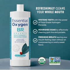 Pouring Essential Oxygen Brushing Rinse demonstrates easy, quick mouth cleansing.
