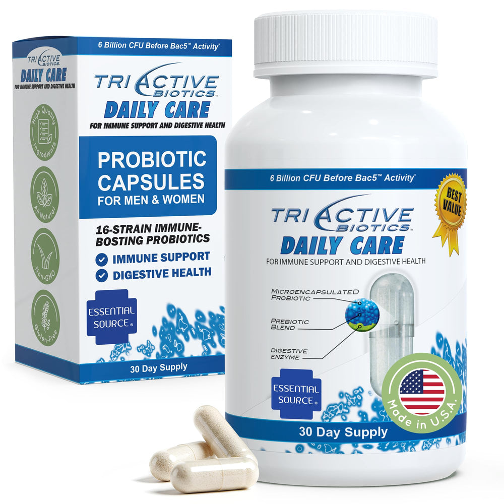 Essential Source TriActive Biotics Daily Care bottle supports gut balance.