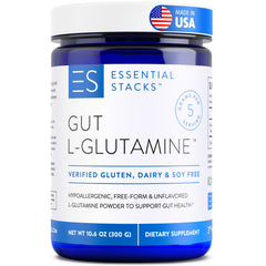 Essential Stacks Gut L-Glutamine powder bottle on a clean counter, supporting gut health