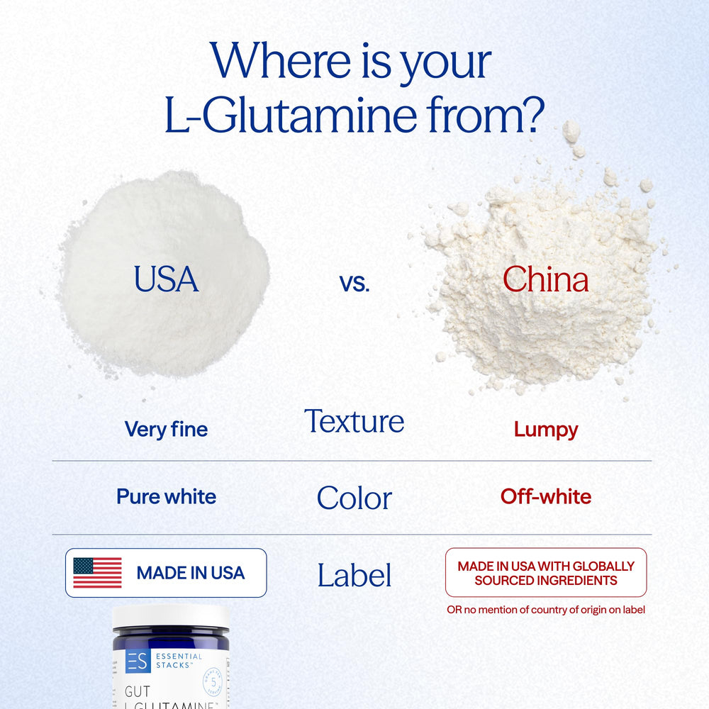 USA-made Essential Stacks Gut L-Glutamine powder in vegan-friendly packaging