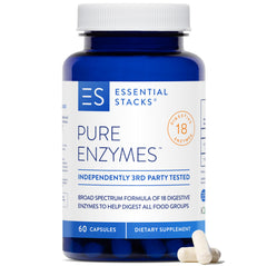 Essential Stacks Pure Digestive Enzymes bottle showing broad enzyme support for meals