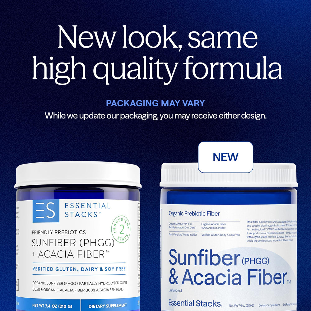 Essential Stacks Sunfiber and Acacia powder jar highlights clean unflavored fiber for versatile mixing.