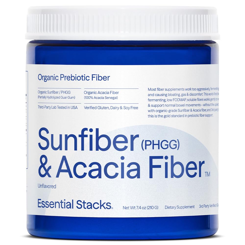 Essential Stacks Sunfiber bottle pour showing an easy daily prebiotic ritual.