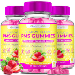 Essentialife Happy Flow PMS gummies bottle showing convenient cycle support.