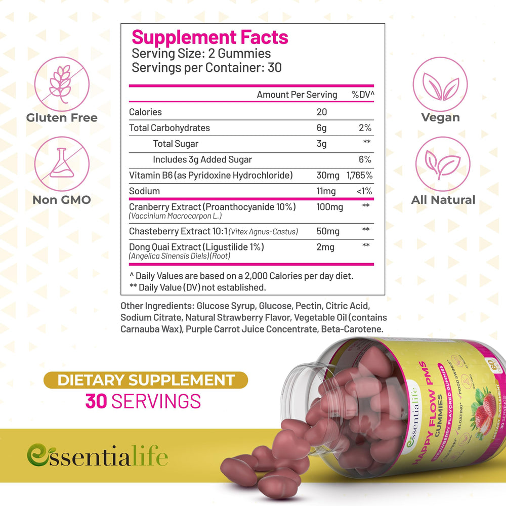 Essentialife Happy Flow with vitamin B6 for mood and energy support.